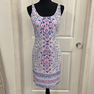 Lilly Pulitzer dress, it’s above the knees. Colors pink & blue